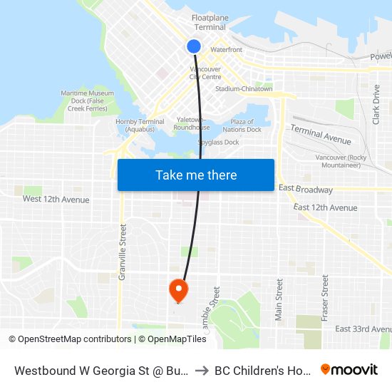Westbound W Georgia St @ Burrard St to BC Children's Hospital map