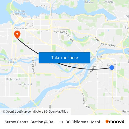 Surrey Central Station @ Bay 9 to BC Children's Hospital map