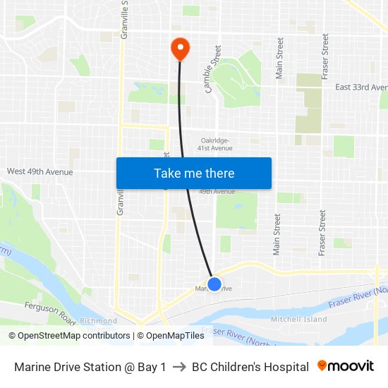 Marine Drive Station @ Bay 1 to BC Children's Hospital map