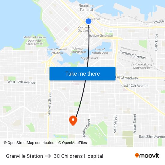 Granville Station to BC Children's Hospital map