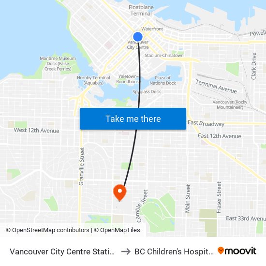 Vancouver City Centre Station to BC Children's Hospital map