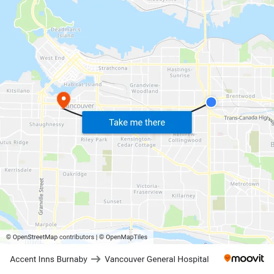 Accent Inns Burnaby to Vancouver General Hospital map