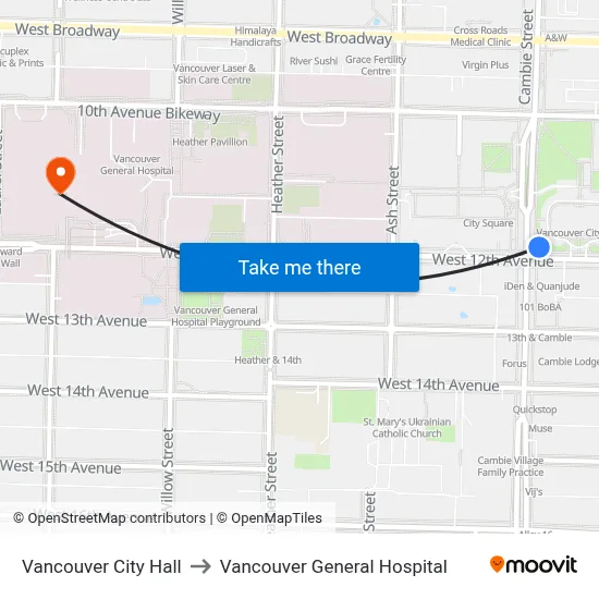 Vancouver City Hall to Vancouver General Hospital map
