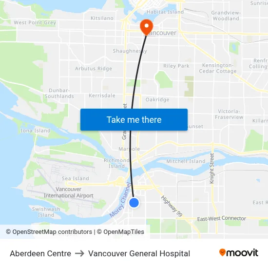 Aberdeen Centre to Vancouver General Hospital map