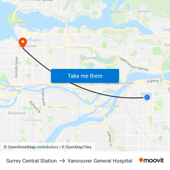 Surrey Central Station to Vancouver General Hospital map