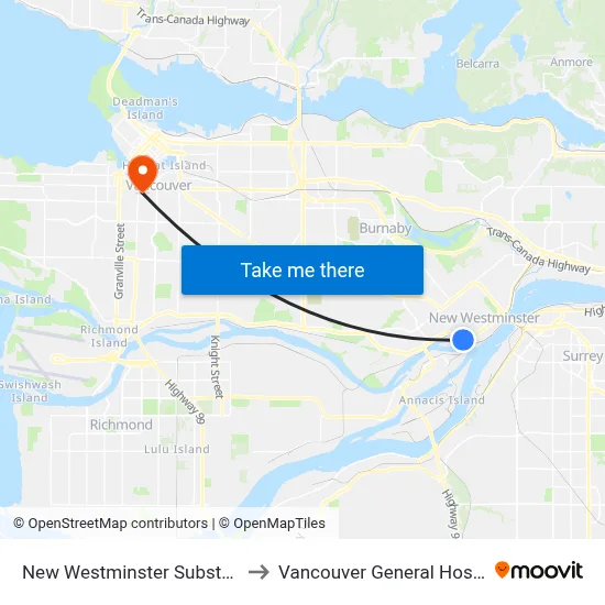 New Westminster Substation to Vancouver General Hospital map