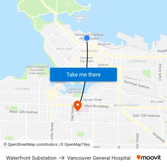 Waterfront Substation to Vancouver General Hospital map