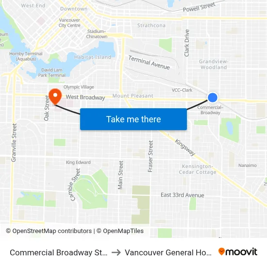 Commercial Broadway Station to Vancouver General Hospital map