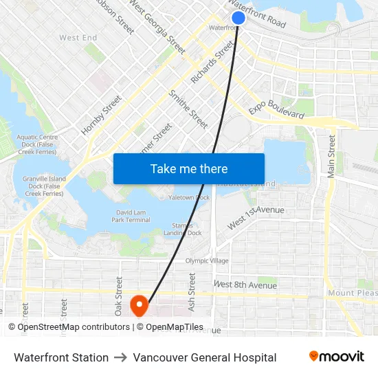 Waterfront Station to Vancouver General Hospital map