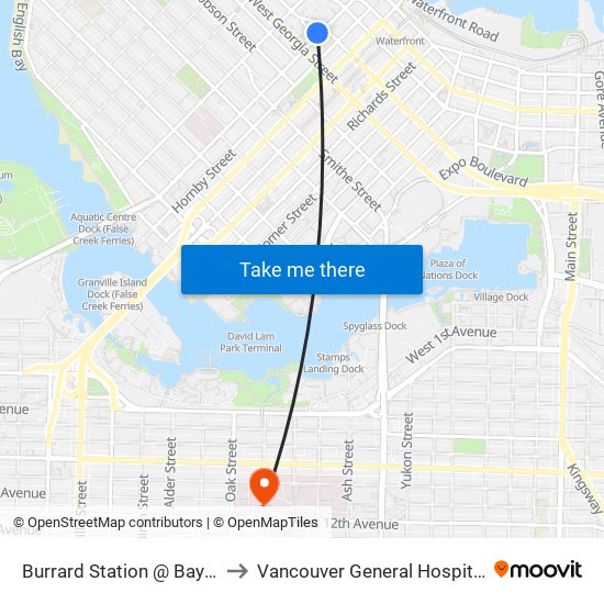 Burrard Station @ Bay 1 to Vancouver General Hospital map