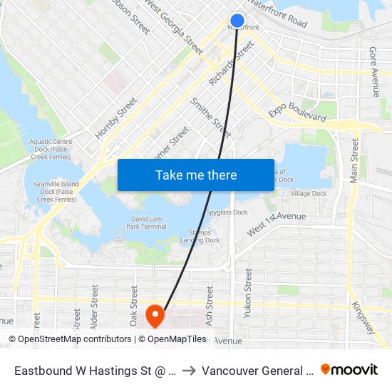 Eastbound W Hastings St @ Granville St to Vancouver General Hospital map