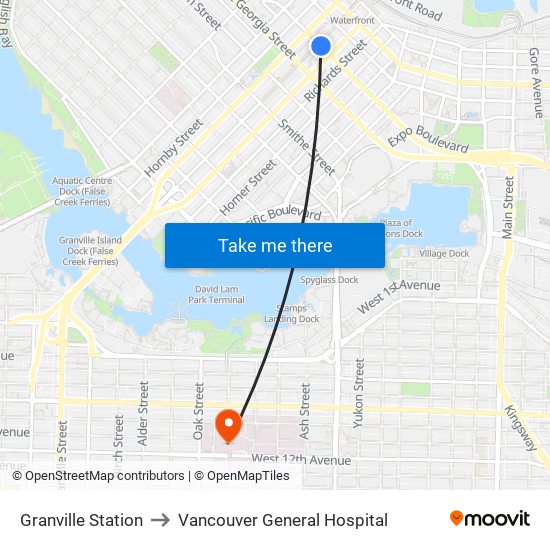 Granville Station to Vancouver General Hospital map