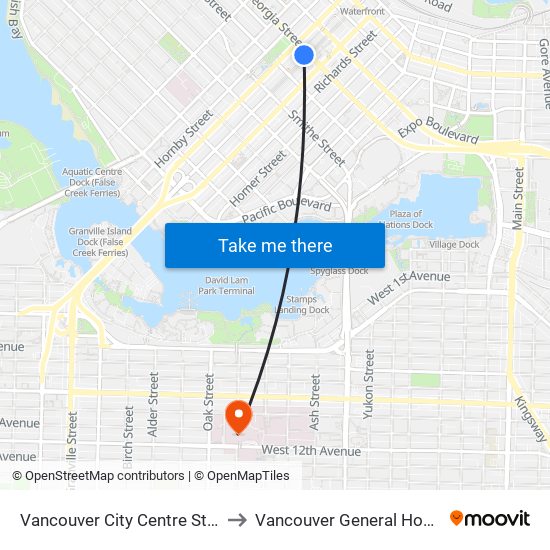 Vancouver City Centre Station to Vancouver General Hospital map