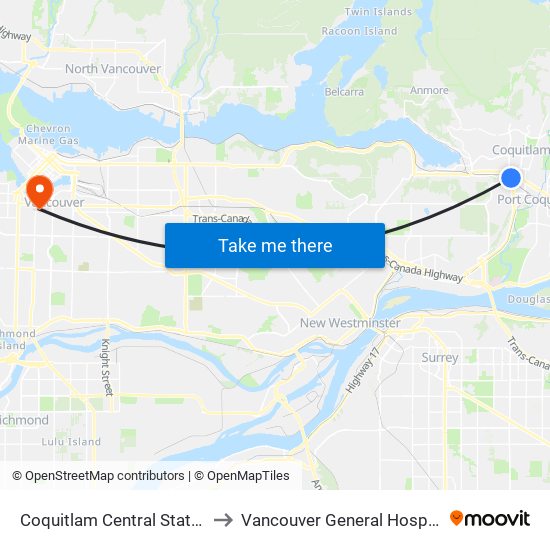 Coquitlam Central Station to Vancouver General Hospital map