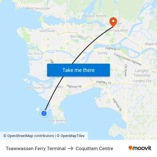 Tsawwassen Ferry Terminal to Coquitlam Centre map