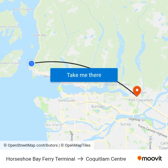 Horseshoe Bay Ferry Terminal to Coquitlam Centre map