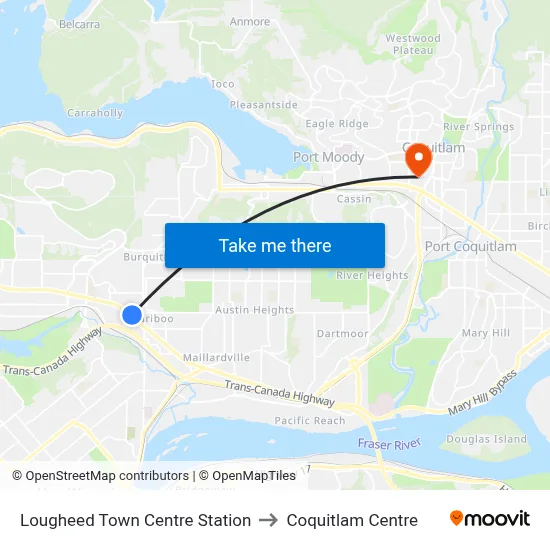 Lougheed Town Centre Station to Coquitlam Centre map