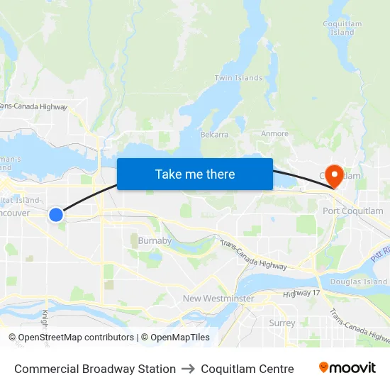 Commercial Broadway Station to Coquitlam Centre map