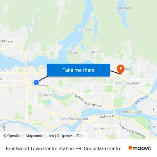 Brentwood Town Centre Station to Coquitlam Centre map