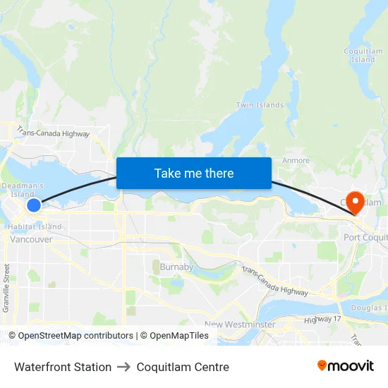 Waterfront Station to Coquitlam Centre map