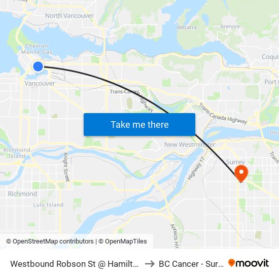 Westbound Robson St @ Hamilton St to BC Cancer - Surrey map