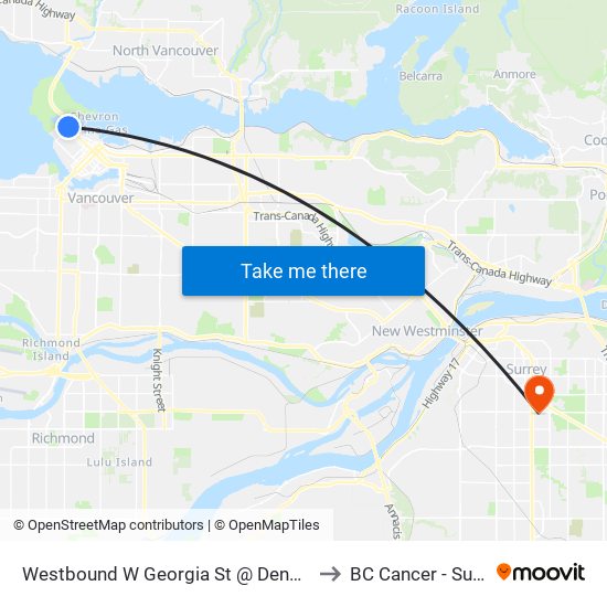 Westbound W Georgia St @ Denman St to BC Cancer - Surrey map