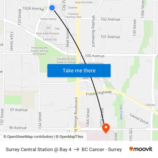 Surrey Central Station @ Bay 4 to BC Cancer - Surrey map