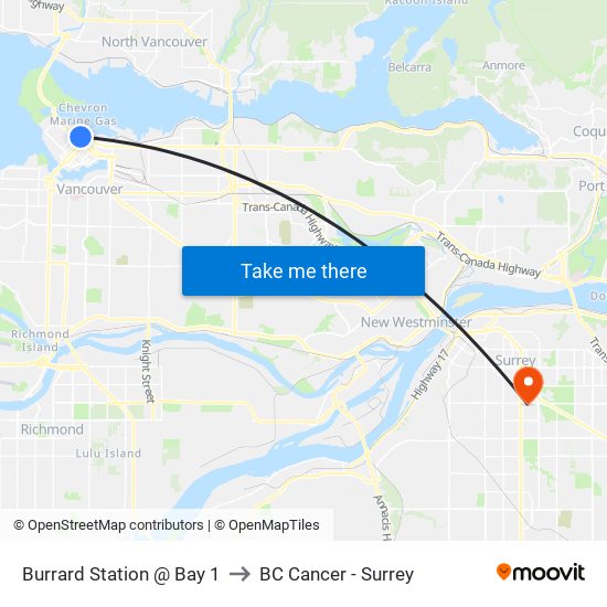 Burrard Station @ Bay 1 to BC Cancer - Surrey map