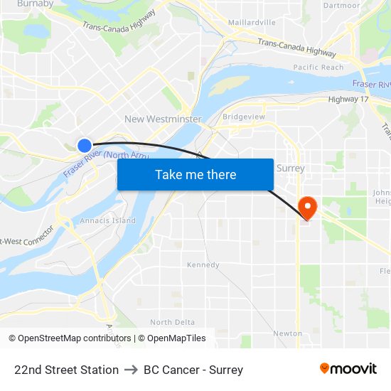 22nd Street Station to BC Cancer - Surrey map