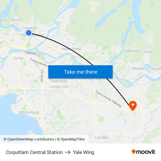 Coquitlam Central Station to Yale Wing map