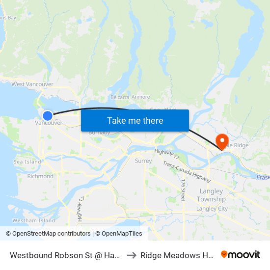 Westbound Robson St @ Hamilton St to Ridge Meadows Hospital map