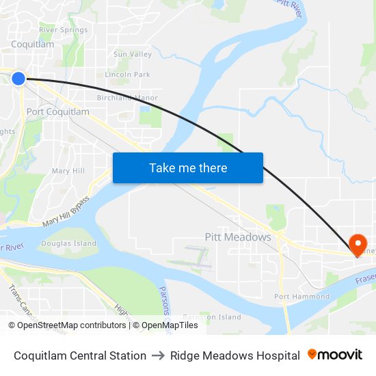 Coquitlam Central Station to Ridge Meadows Hospital map