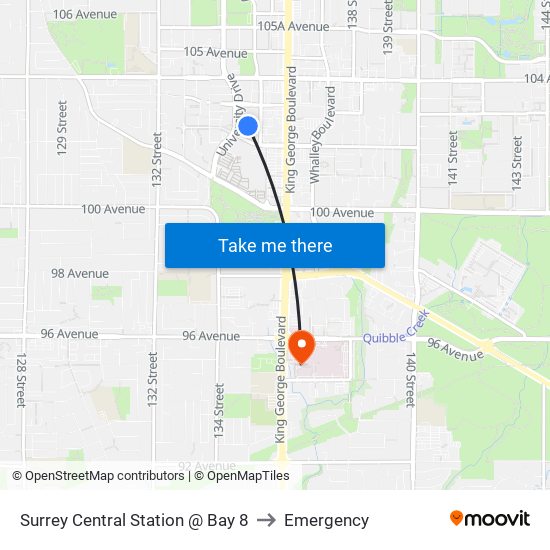 Surrey Central Station @ Bay 8 to Emergency map