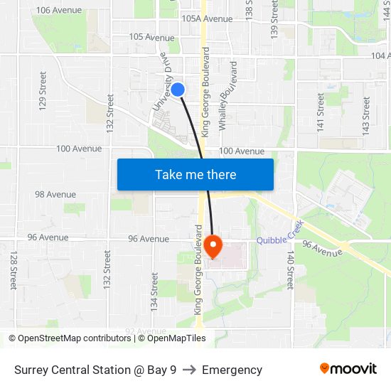 Surrey Central Station @ Bay 9 to Emergency map