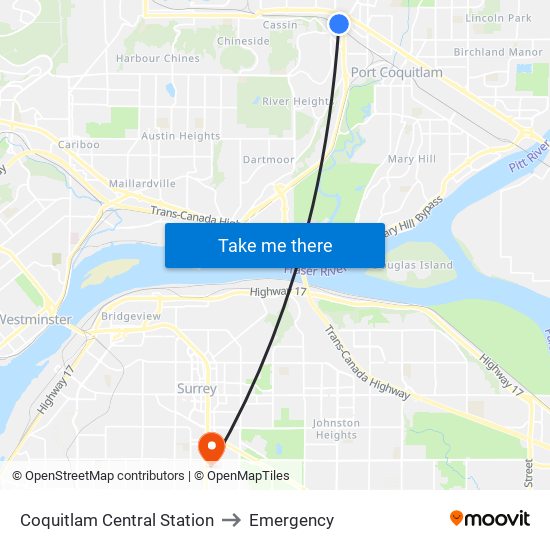 Coquitlam Central Station to Emergency map