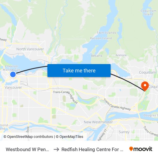 Westbound W Pender St @ Granville St to Redfish Healing Centre For Mental Health and Addiction map