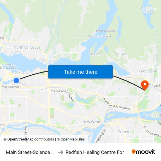Main Street-Science World Station @ Bay 1 to Redfish Healing Centre For Mental Health and Addiction map
