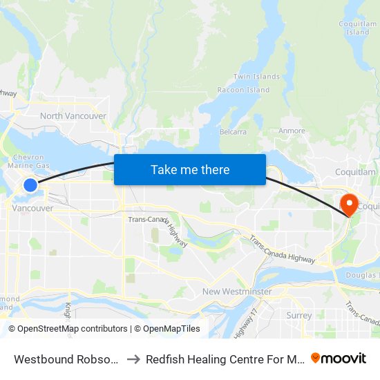 Westbound Robson St @ Hamilton St to Redfish Healing Centre For Mental Health and Addiction map