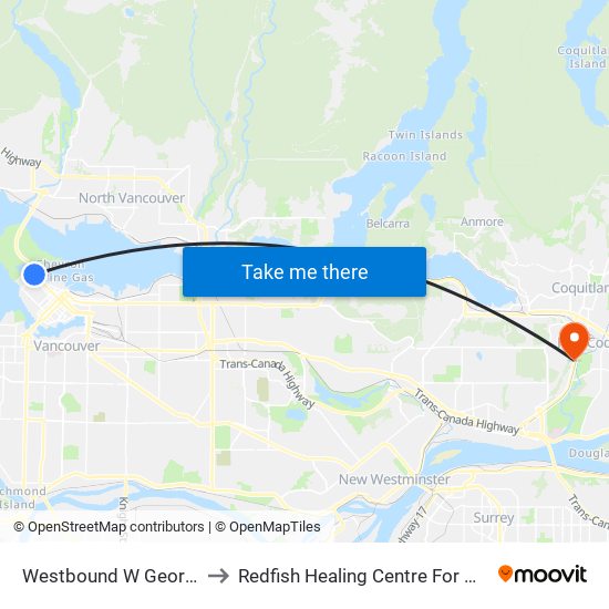 Westbound W Georgia St @ Denman St to Redfish Healing Centre For Mental Health and Addiction map