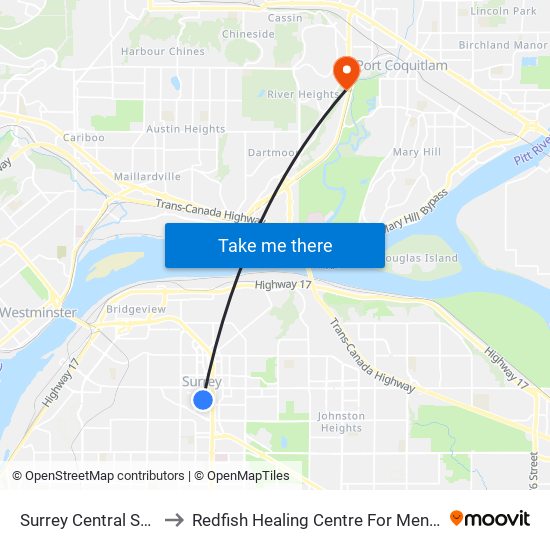 Surrey Central Station @ Bay 8 to Redfish Healing Centre For Mental Health and Addiction map