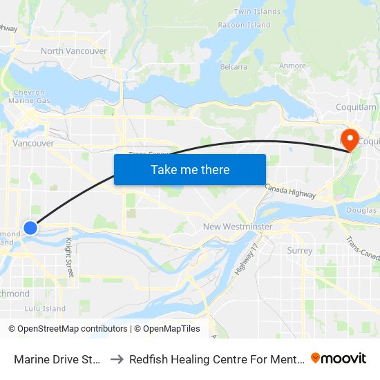 Marine Drive Station @ Bay 1 to Redfish Healing Centre For Mental Health and Addiction map