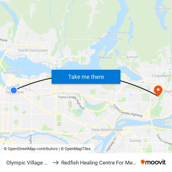 Olympic Village Station @ Bay 1 to Redfish Healing Centre For Mental Health and Addiction map