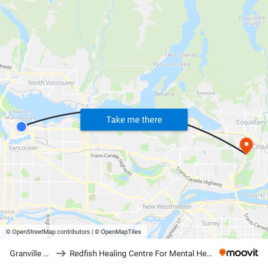 Granville Station to Redfish Healing Centre For Mental Health and Addiction map