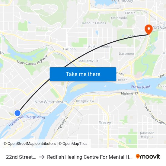 22nd Street Station to Redfish Healing Centre For Mental Health and Addiction map