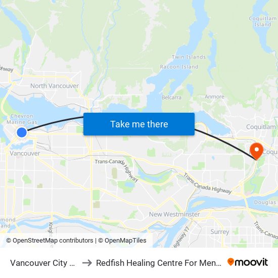 Vancouver City Centre Station to Redfish Healing Centre For Mental Health and Addiction map