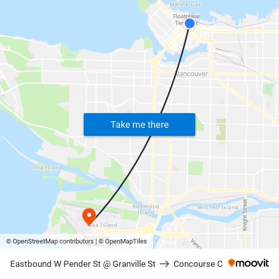 Eastbound W Pender St @ Granville St to Concourse C map