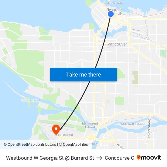 Westbound W Georgia St @ Burrard St to Concourse C map