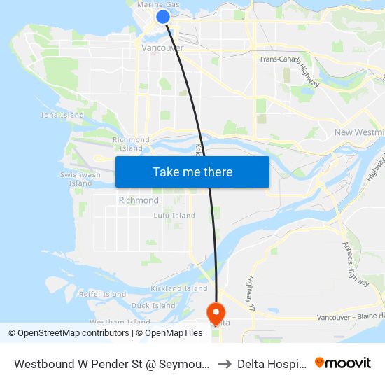 Westbound W Pender St @ Seymour St to Delta Hospital map