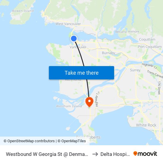 Westbound W Georgia St @ Denman St to Delta Hospital map