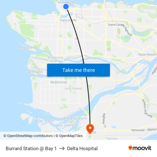 Burrard Station @ Bay 1 to Delta Hospital map